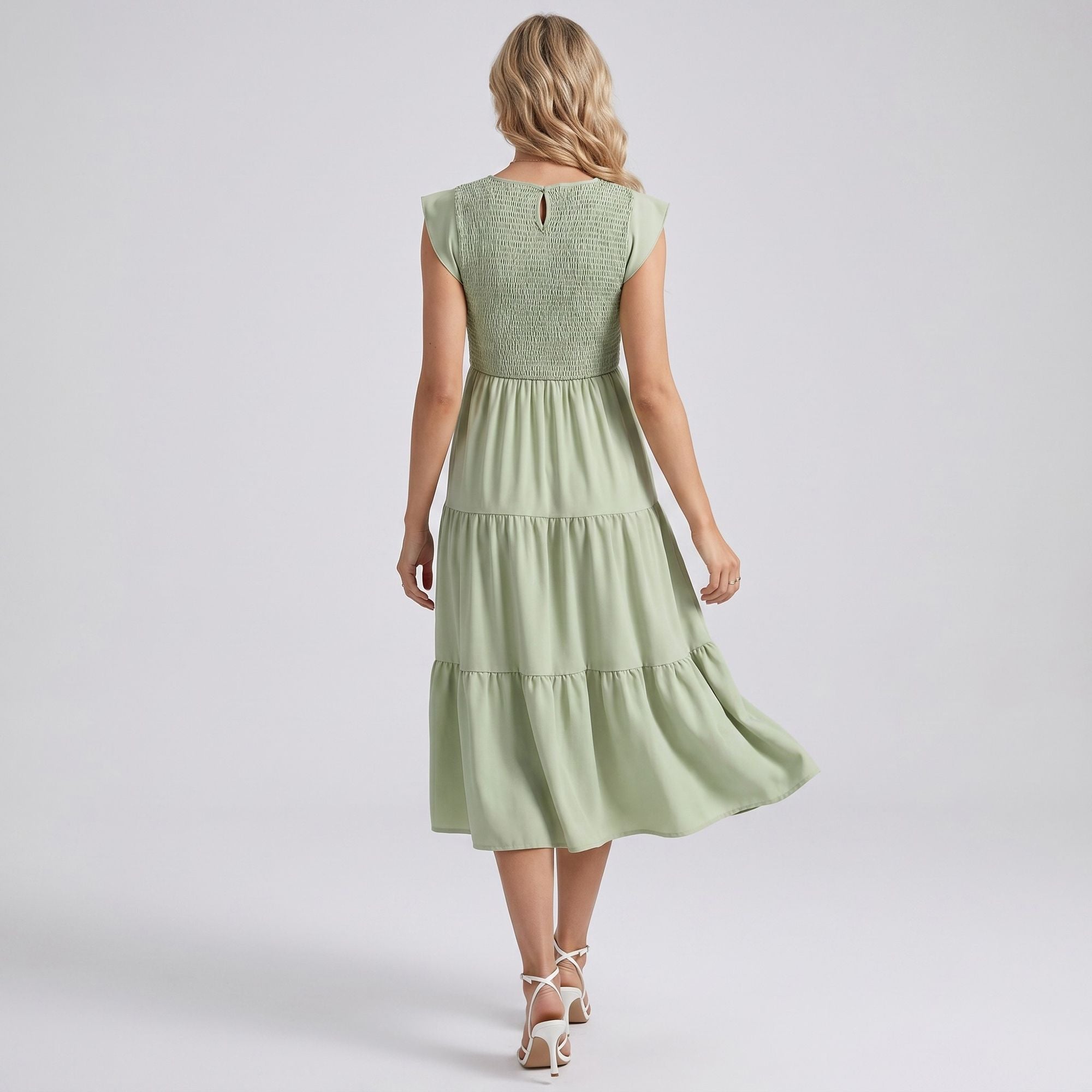 Maternity Smocked Tiered Midi Dress with Cap Sleeves and Round Neck