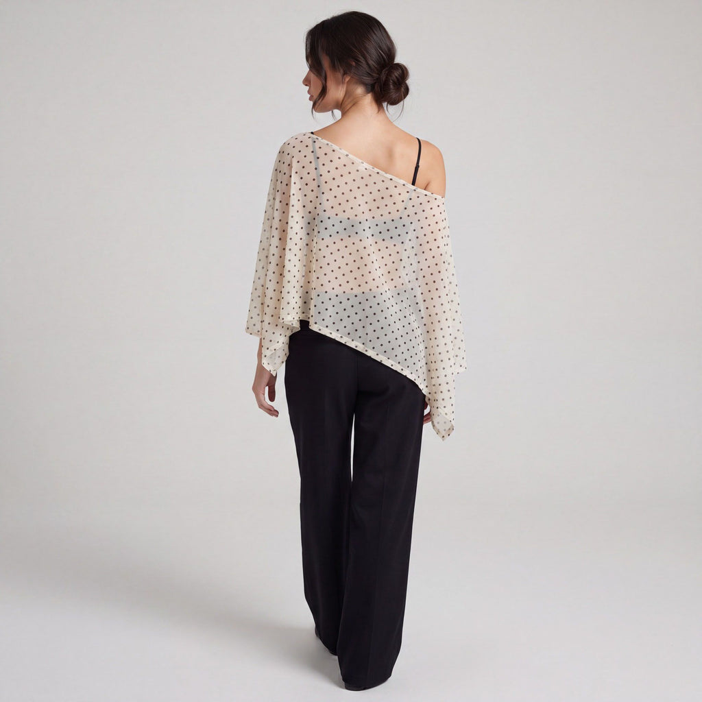 Sheer Polka Dot Asymmetrical Poncho Blouse with Off Shoulder Neckline Flowy Fit and Three Quarter Sleeves