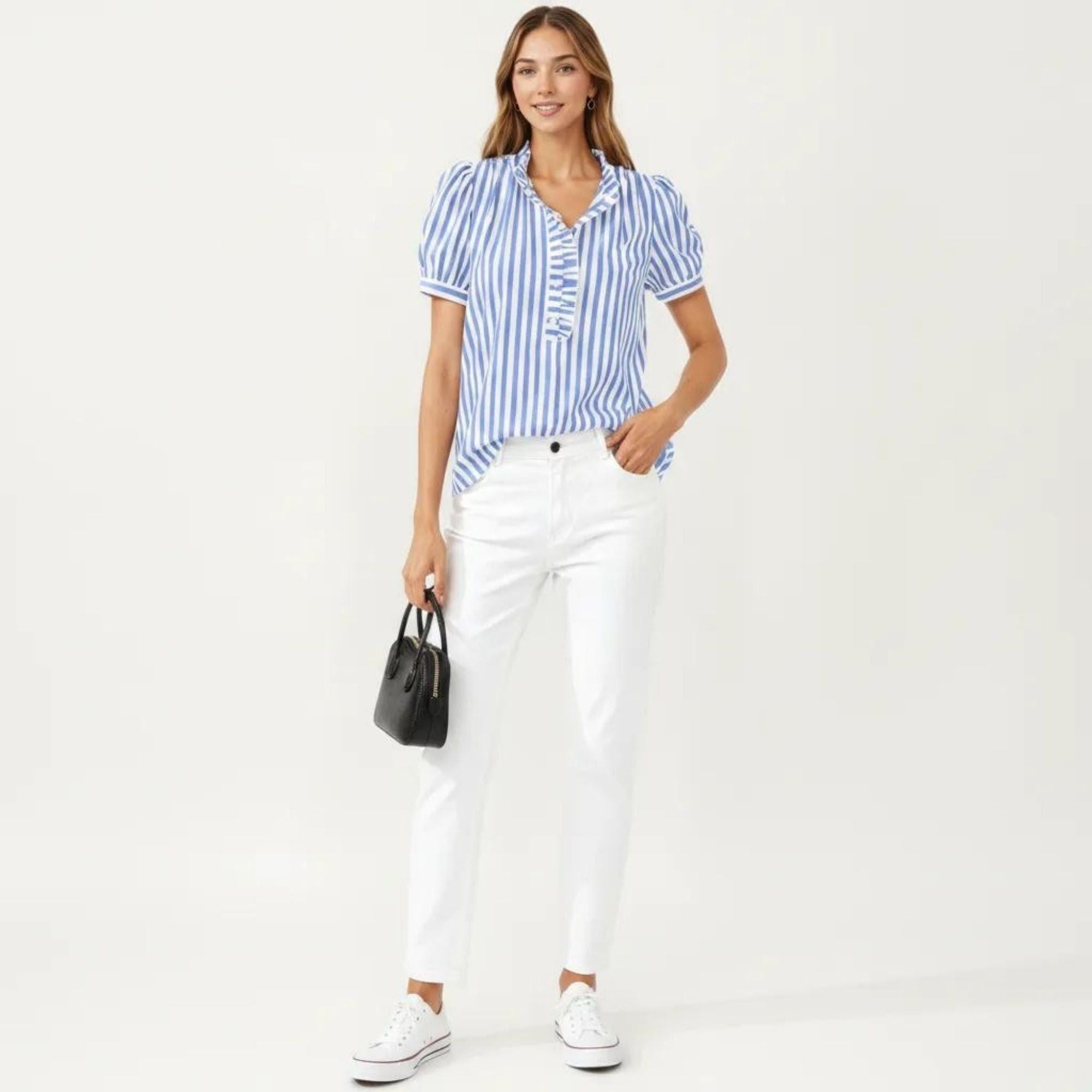 Anna-Kaci Women's Short Sleeve Striped Blouse with Ruffle Trim V Neck Puff Sleeve Lightweight Pullover Shirt