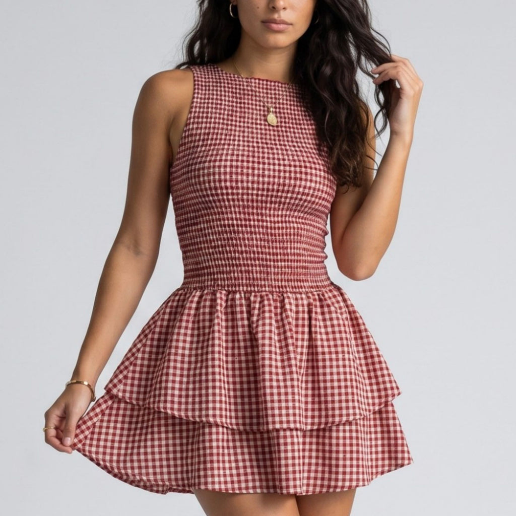 Anna-Kaci Women's Gingham Sleeveless Smocked Mini Dress with Tiered Ruffle Skirt