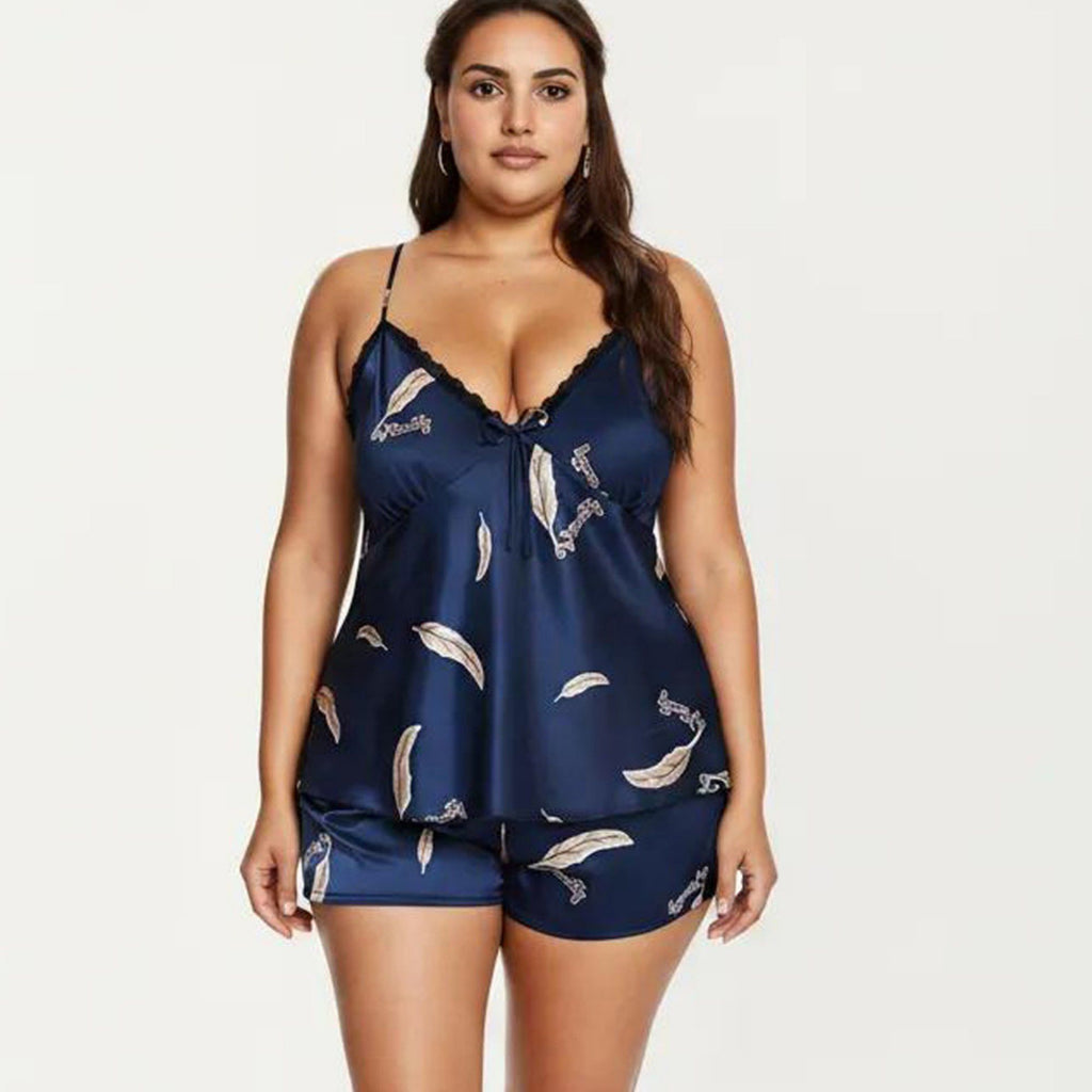 Anna-Kaci Lounge Women's Plus Size 2-Piece Satin Pajama Set with Lace Trim Cami Top Adjustable Straps Relaxed Fit Shorts Sleepwear Set