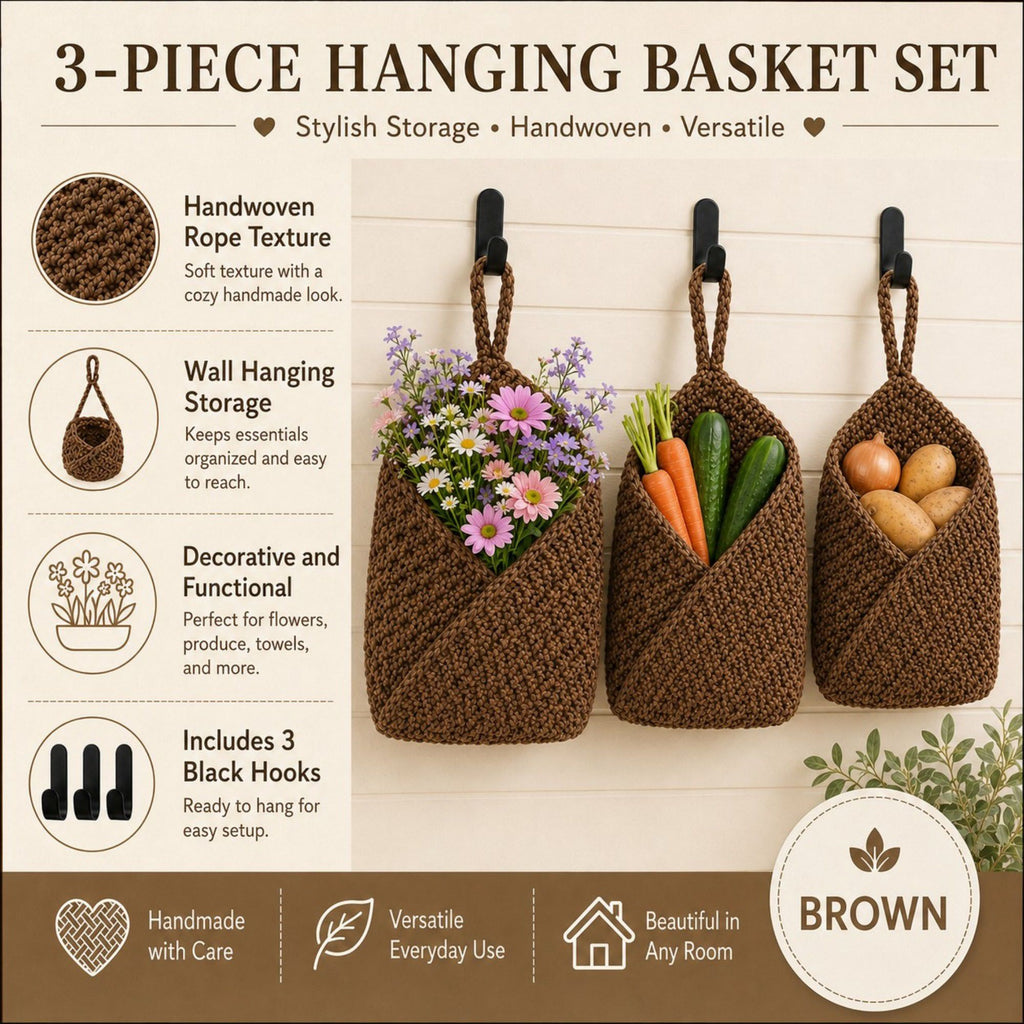 Woven Cotton Rope Hanging Basket Set Wall Storage Organizer with Hooks