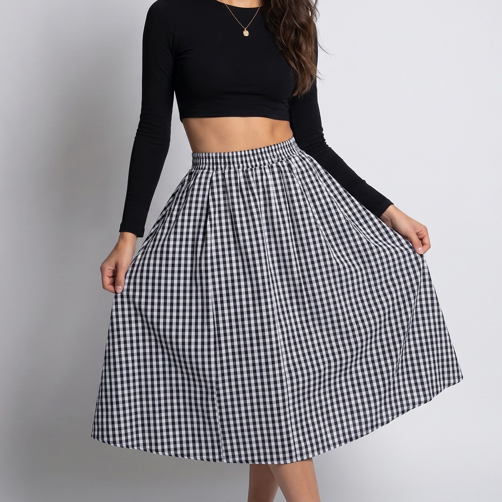 Gingham Midi Skirt with Smocked Waistband, Gathered A-Line Shape and Side Pockets