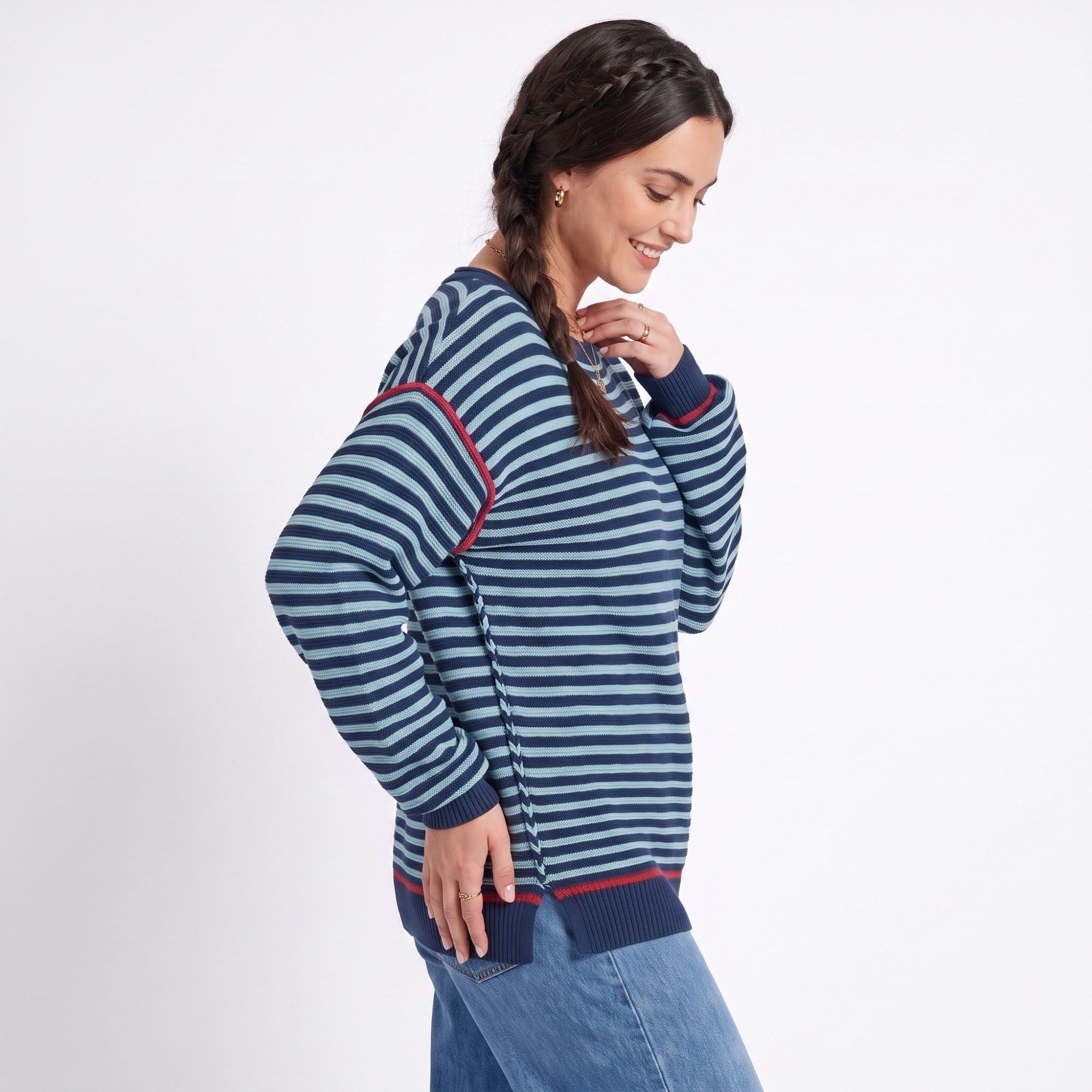 Striped Contrast Trim Drop Shoulder Long Sleeve Knit Sweater