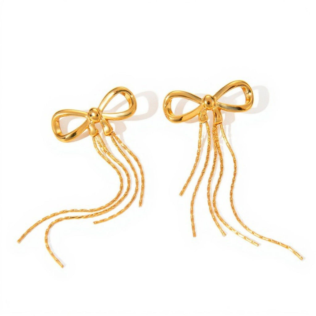Bow Drop Earrings with Delicate Chain Tassel Dangle Design
