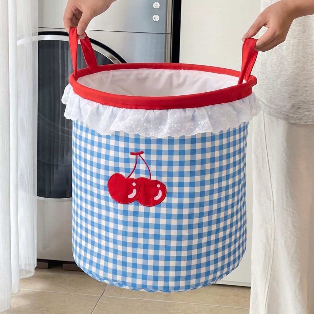 Cherry Embroidered Gingham Laundry Hamper with Lace Ruffle & Handles