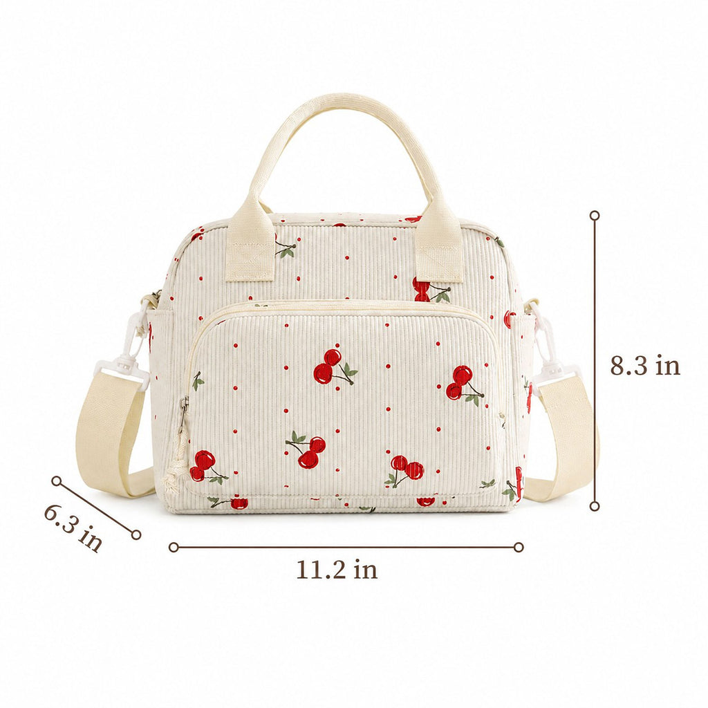 Printed Corduroy Lunch Bag with Adjustable Shoulder Strap