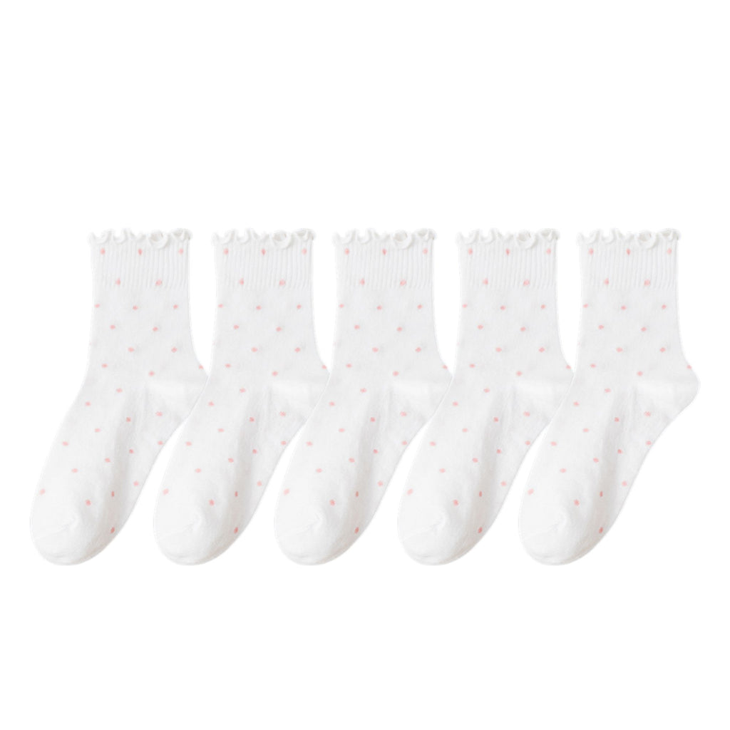 Anna-Kaci Women's Polka Dot Ankle Socks Set Soft Cotton Blend Ruffle Trim Cuff Multiple Color Combos 5 Pairs