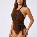 Anna-Kaci Swim Women's Metallic Halter One Piece Swimsuit with Front Cutout and Waist Tie