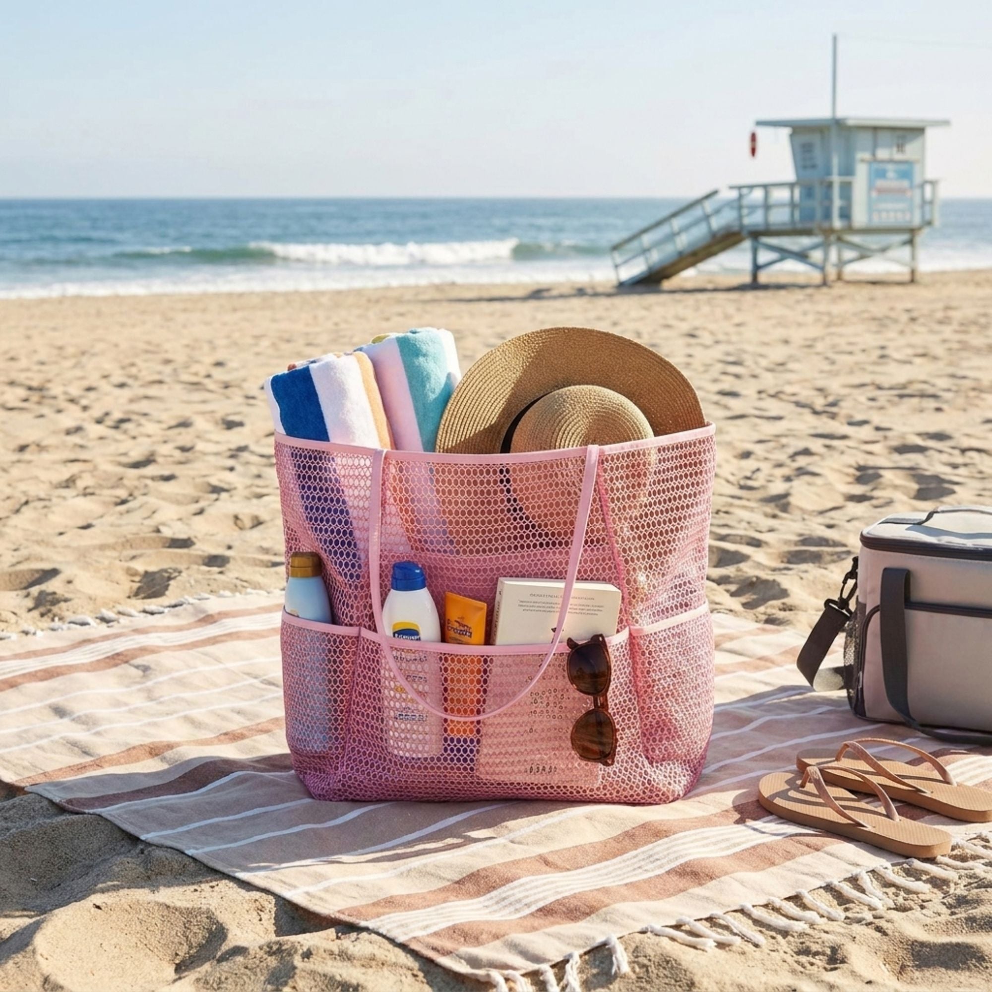 Mesh Beach Tote Bag with See Through Design and Shoulder Handles