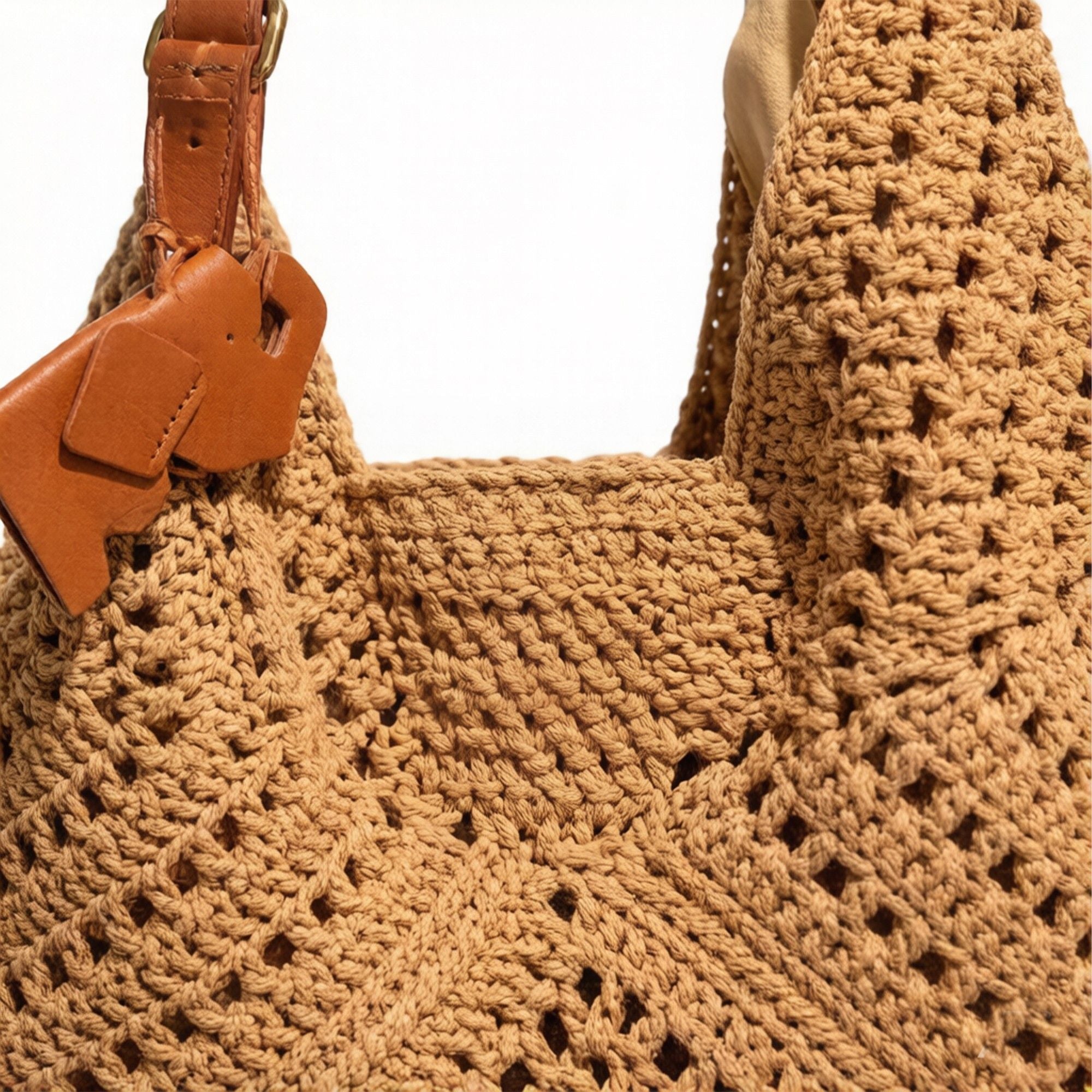 Woven Crochet Shoulder Bag with Leather Strap Slouchy Hobo Handbag Lightweight Knit Tote