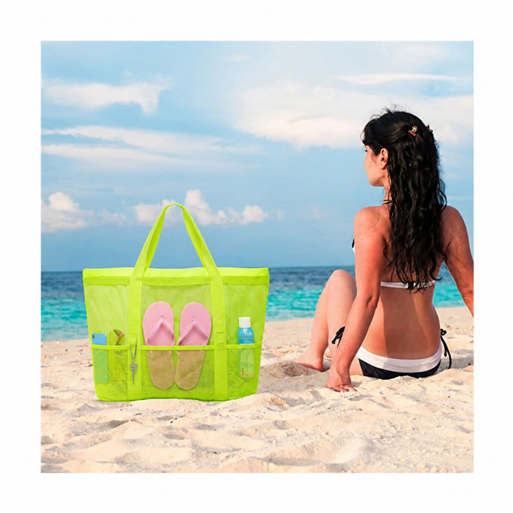 Mesh Beach Tote Bag Large Capacity Travel Shoulder Bag with Exterior Pockets Zipper Top Organizer