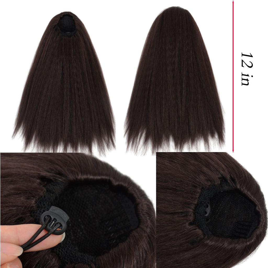 12-Inch Yaki Straight Ponytail Extension Fluffy Thick Drawstring Synthetic Hairpiece with Adjustable Clips for Women