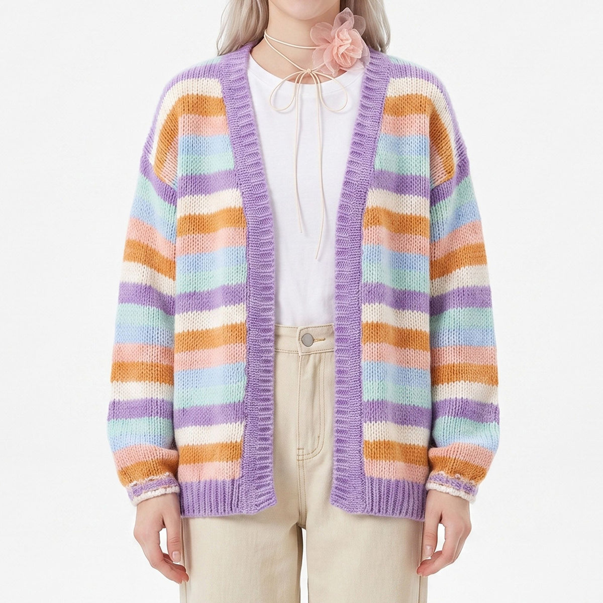 Multicolor Striped Open Front Knit Cardigan Sweater
