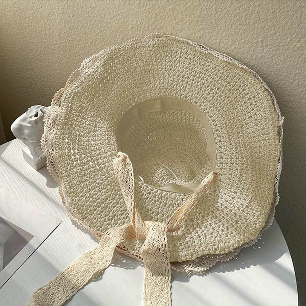 Anna-Kaci Women's Crochet Straw Sun Hat with Lace Trim & Bow