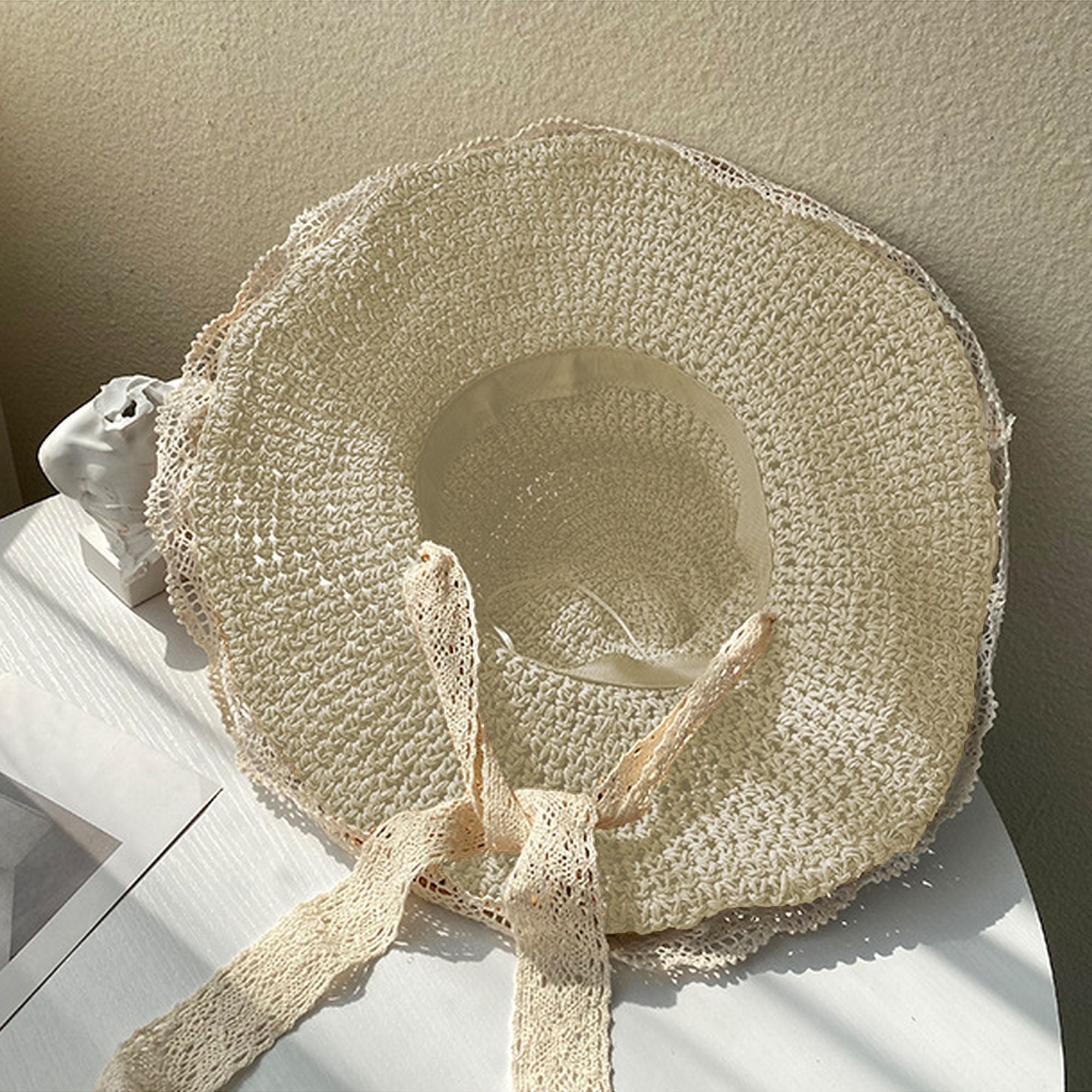 Anna-Kaci Women's Crochet Straw Sun Hat with Lace Trim & Bow