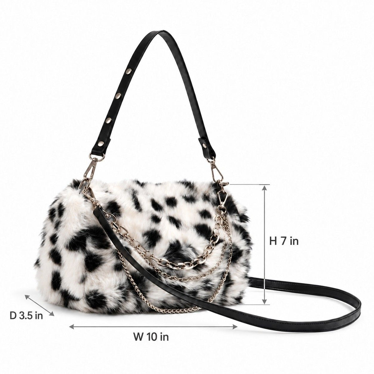 Fluffy Faux Fur Dalmatian Print Shoulder Bag with Chain Detail
