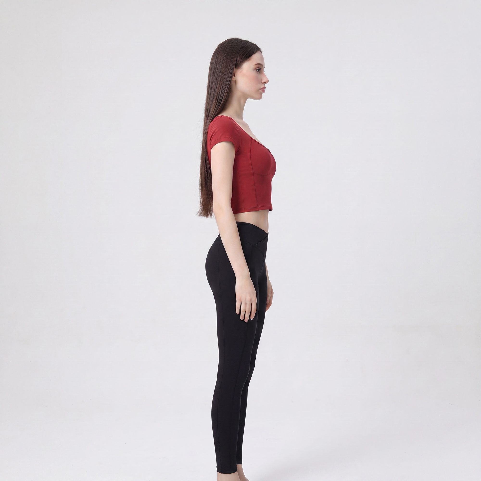 Short Sleeve Cropped Yoga Top with Built In Padding Scoop Neck Contoured Seam Activewear T Shirt