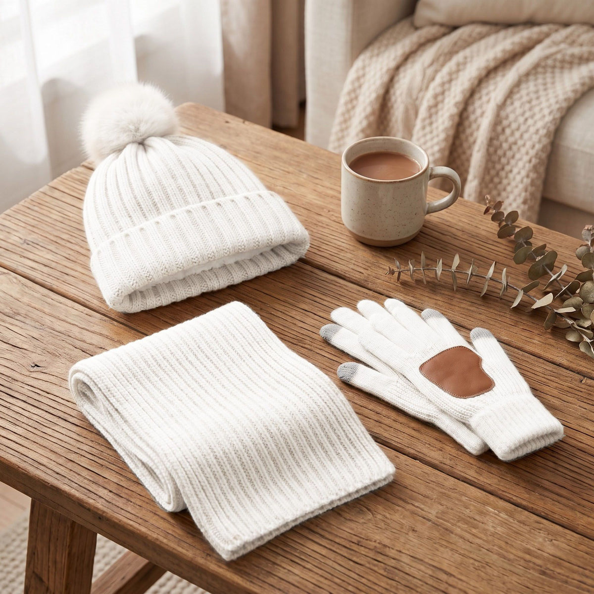 3 Piece Pom Beanie Scarf and Touchscreen Gloves Winter Set