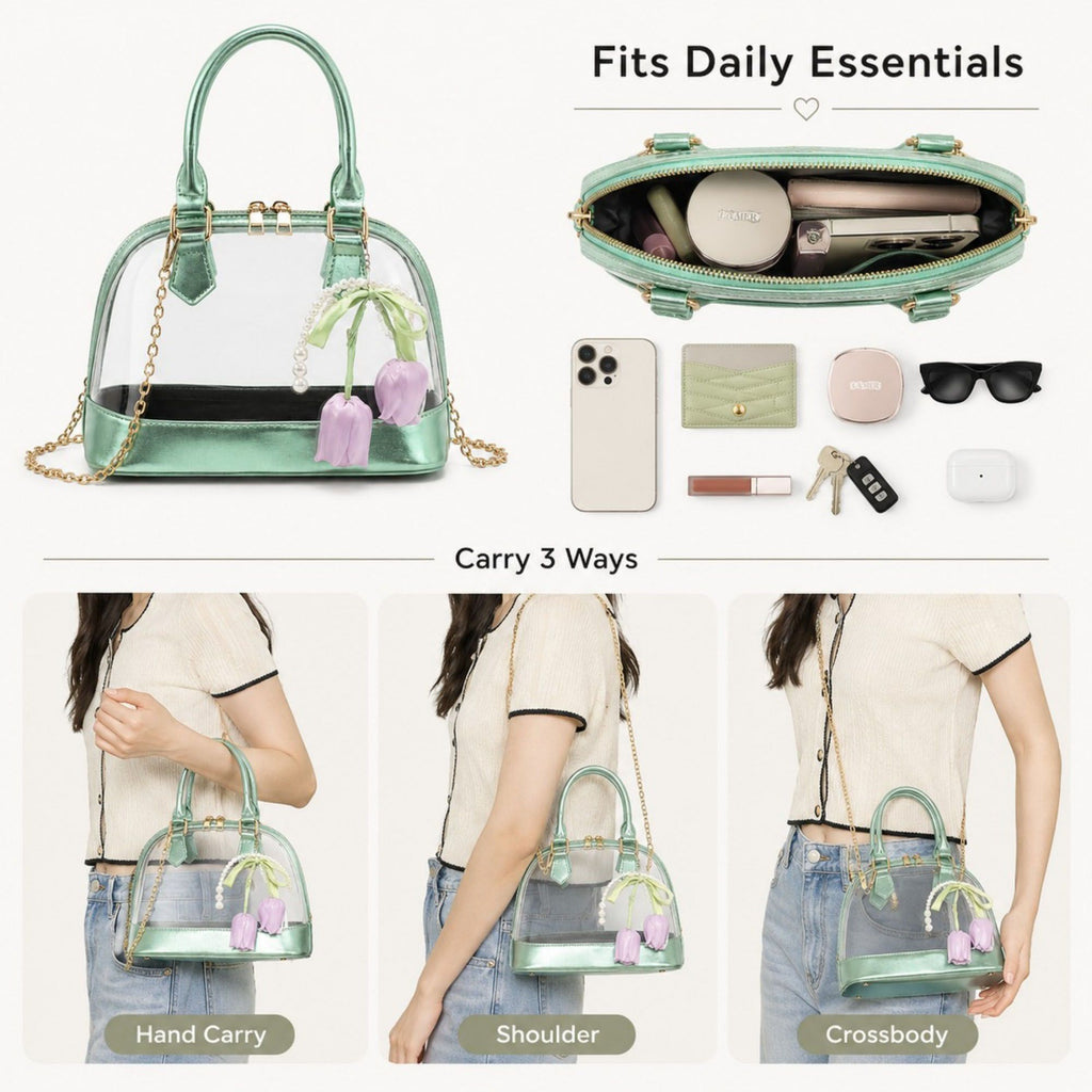 Clear PVC Mini Satchel Bag with Chain Strap and Floral Pearl Charm
