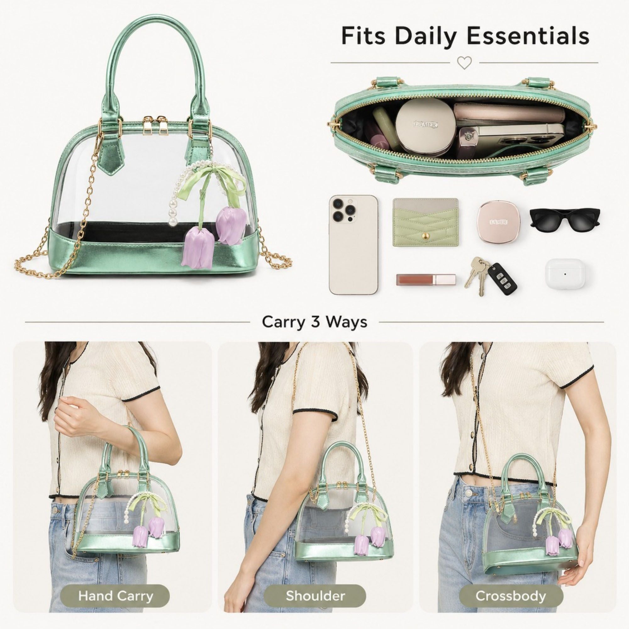 Clear PVC Mini Satchel Bag with Chain Strap and Floral Pearl Charm