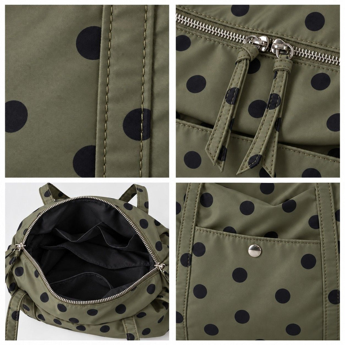 Polka Dot Nylon Barrel Shoulder Bag with Double Handles Zip Closure and Interior Pockets