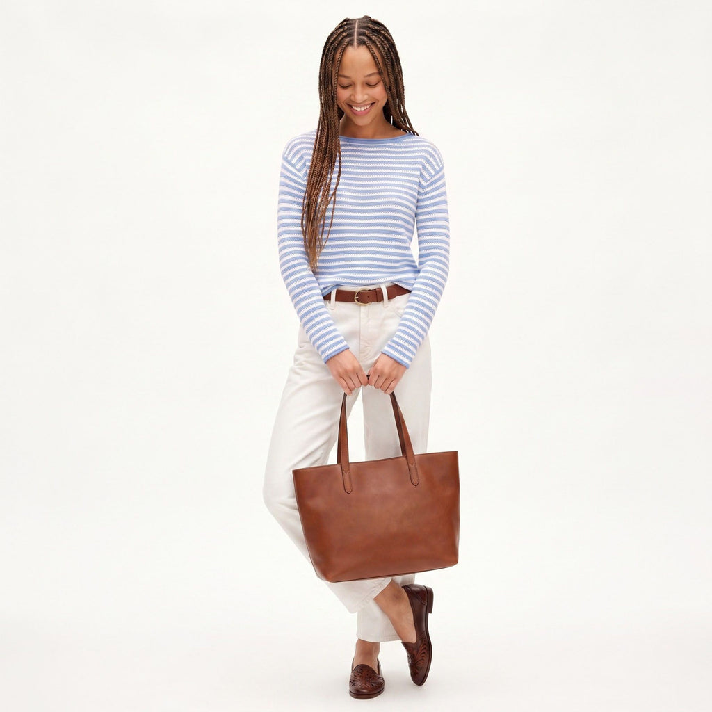 Striped Pointelle Knit Boat Neck Long Sleeve Sweater