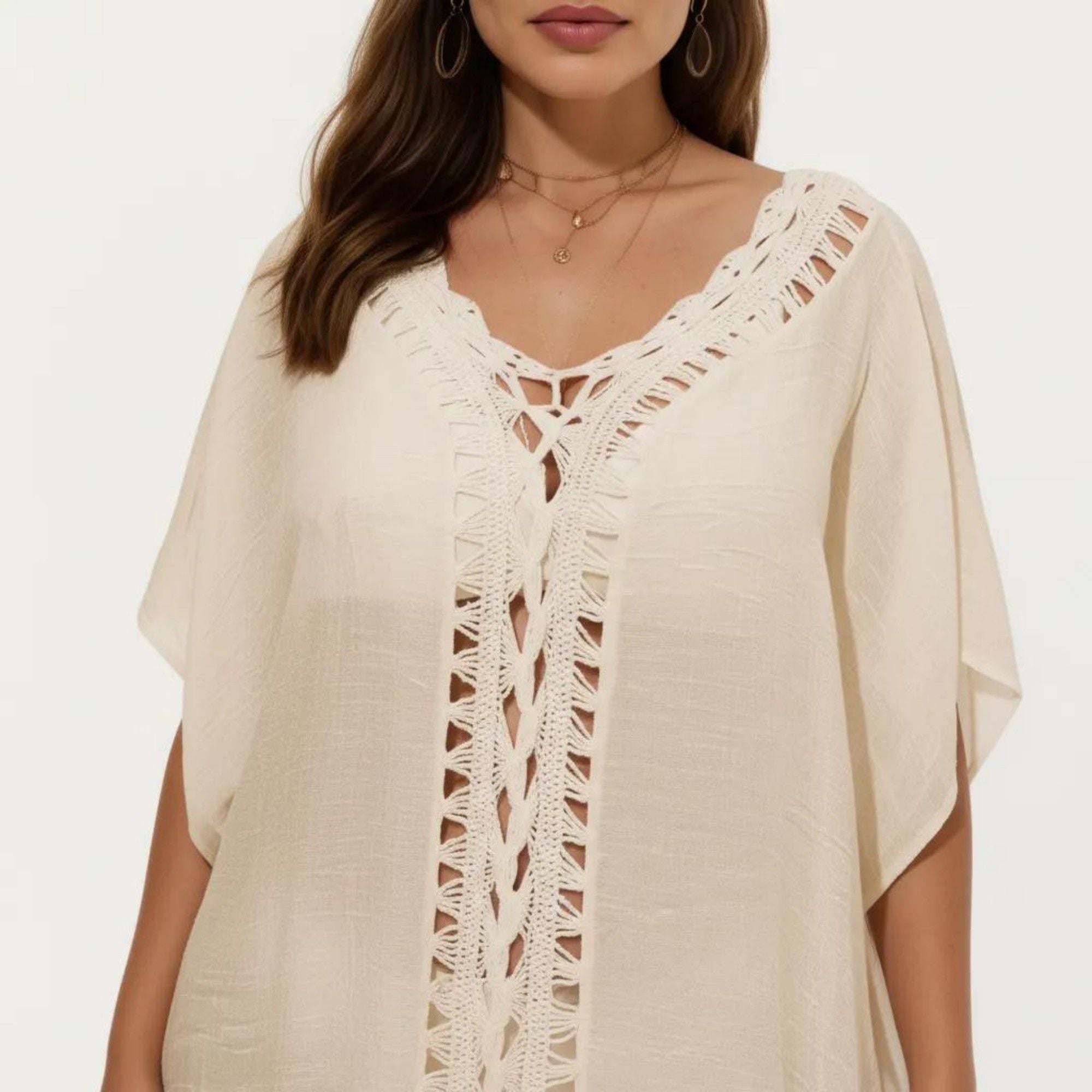 Anna-Kaci Women's Swim Cover Up Kaftan Dress with Crochet Cutout Trim Loose Short Sleeves Relaxed Midi Fit