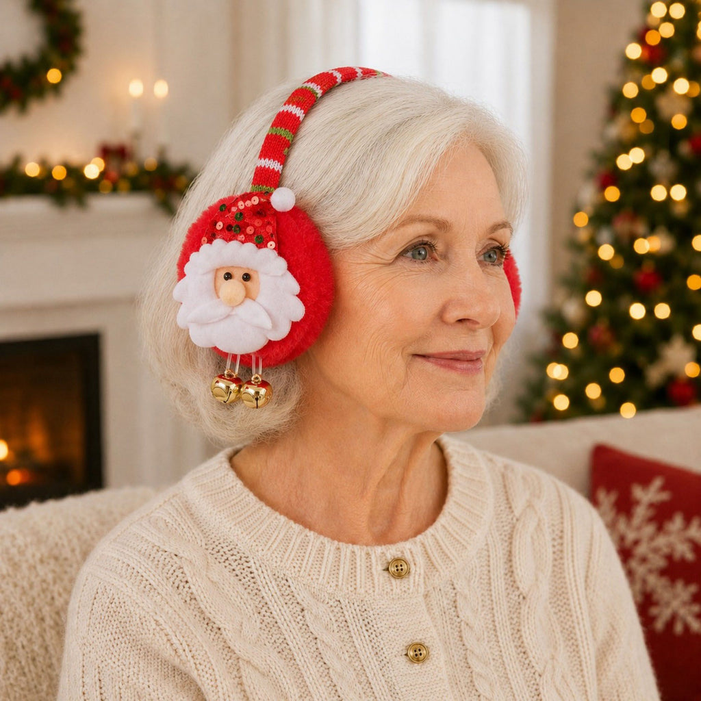 Christmas Santa Plush Earmuffs with Jingle Bell Accents