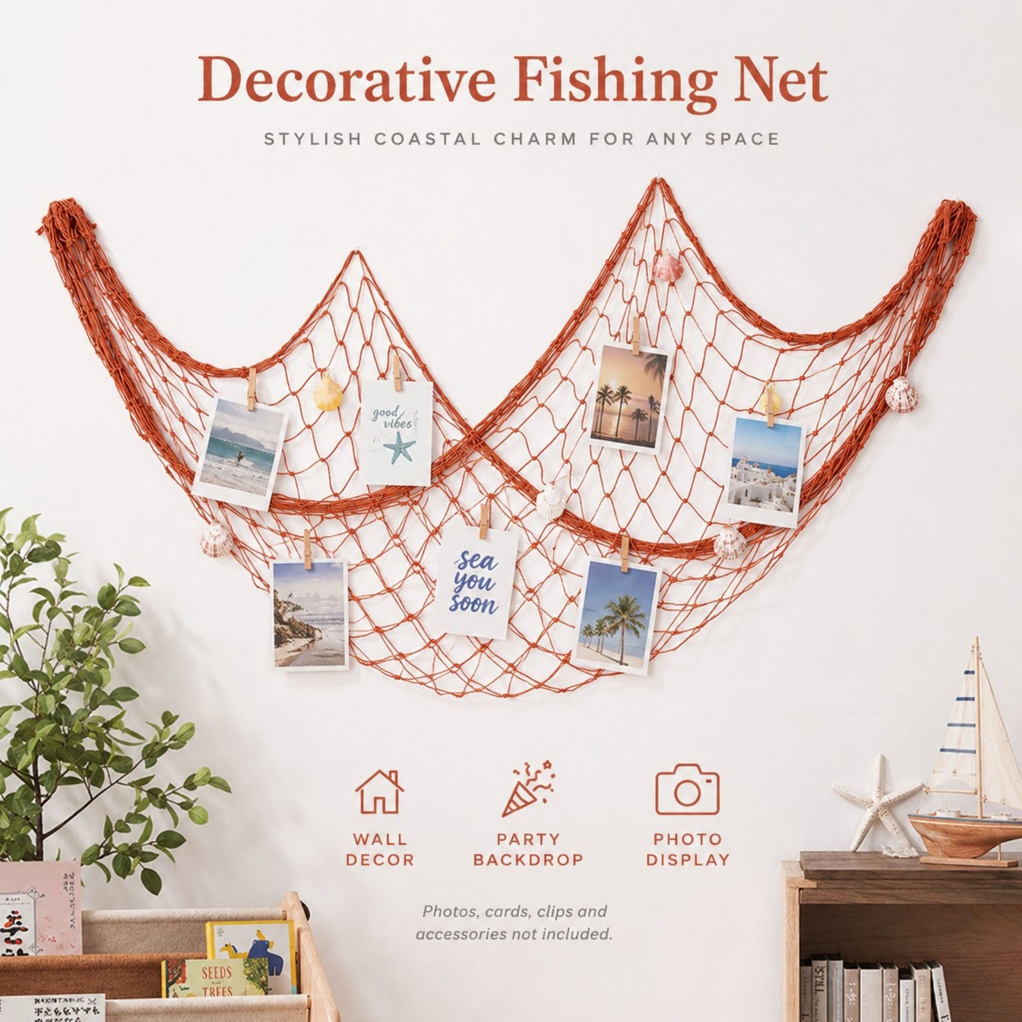 Decorative Fishing Net Wall Hanging Nautical Coastal Photo Display Decor