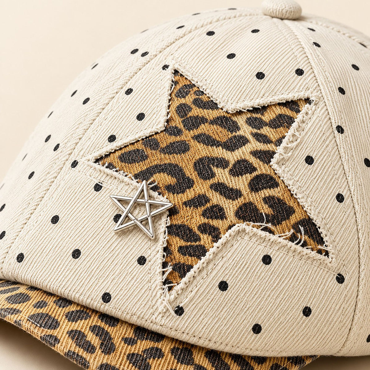 Polka Dot Newsboy Cap with Leopard Print Star and Charm