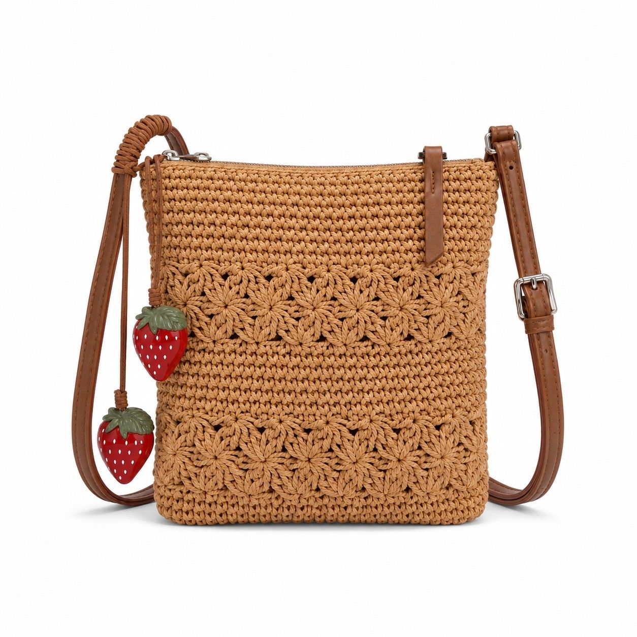 Crochet Crossbody Bag with Strawberry Charm, Adjustable Strap and Zip Closure