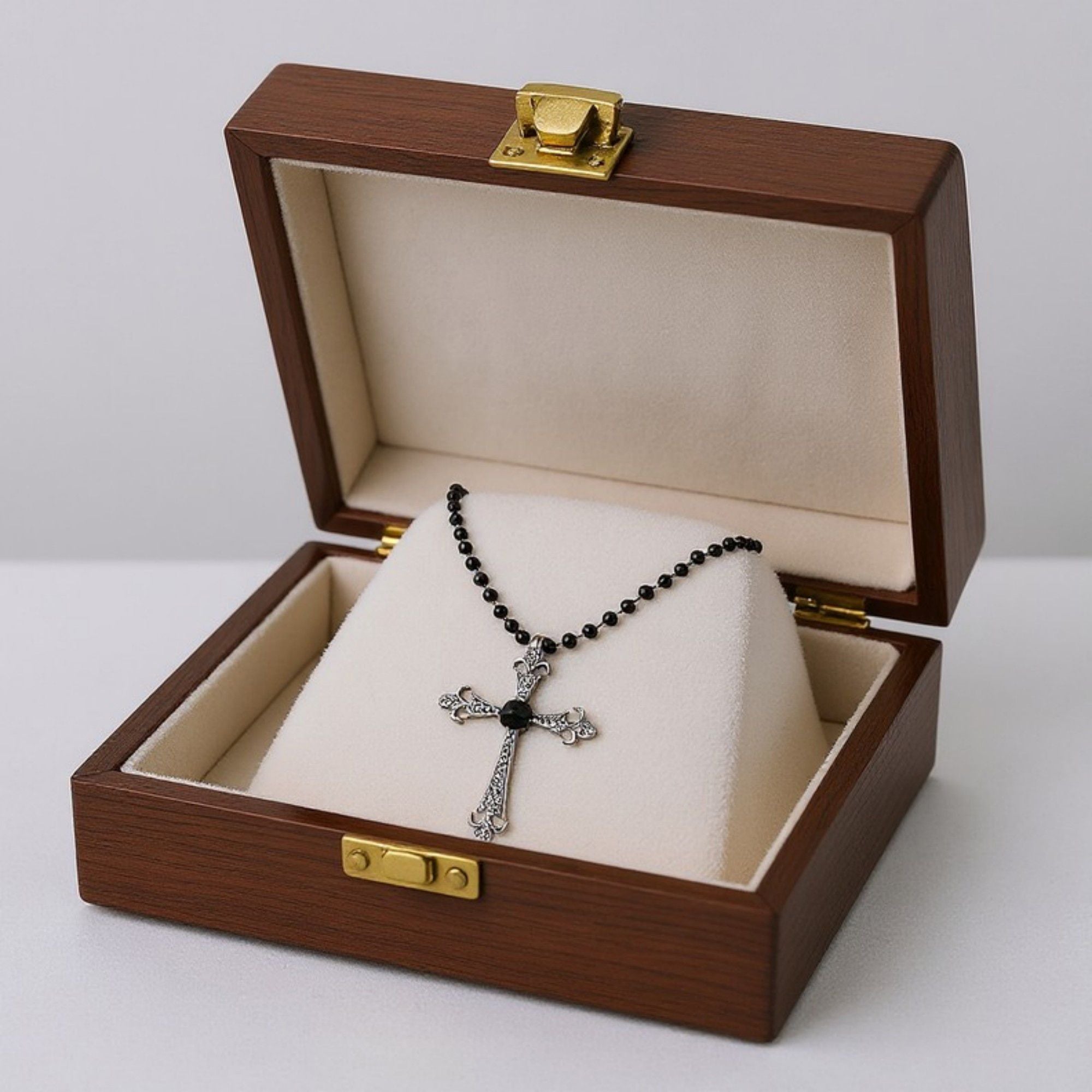 Women's Gothic Cross Pendant Necklace with Crystal Accents and Beaded Chain