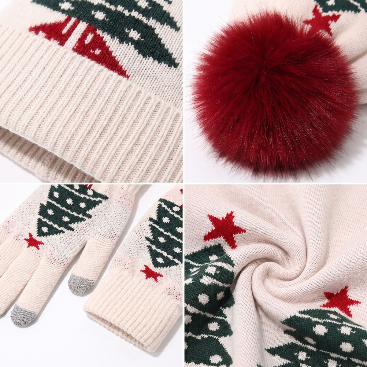 3 Piece Christmas Tree Beanie Scarf and Touchscreen Gloves Set