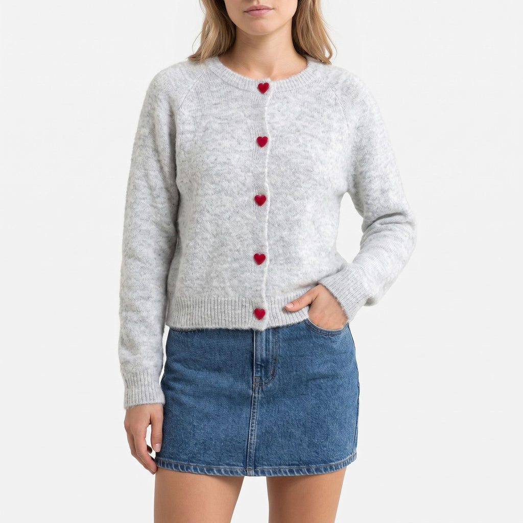 Fuzzy Knit Heart Button Crewneck Cardigan Sweater