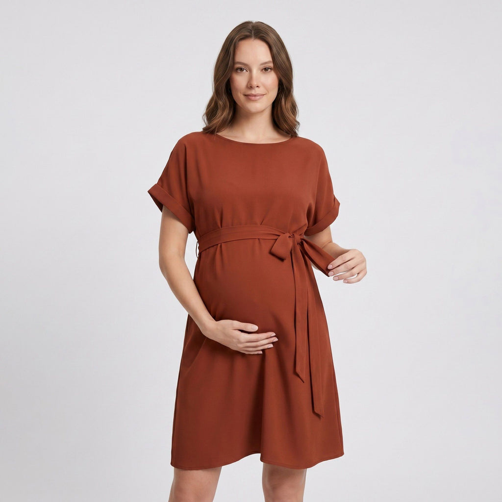 Anna-Kaci Women's Maternity Short Sleeve Dress with Tie Waist and Relaxed A-Line Fit