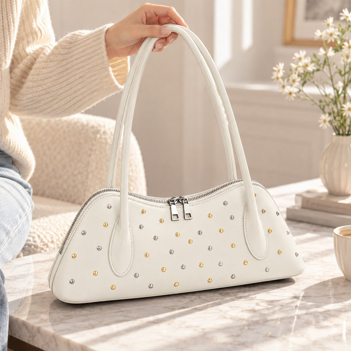 Studded Satchel Handbag with Long Handles Zip Closure and Interior Pocket
