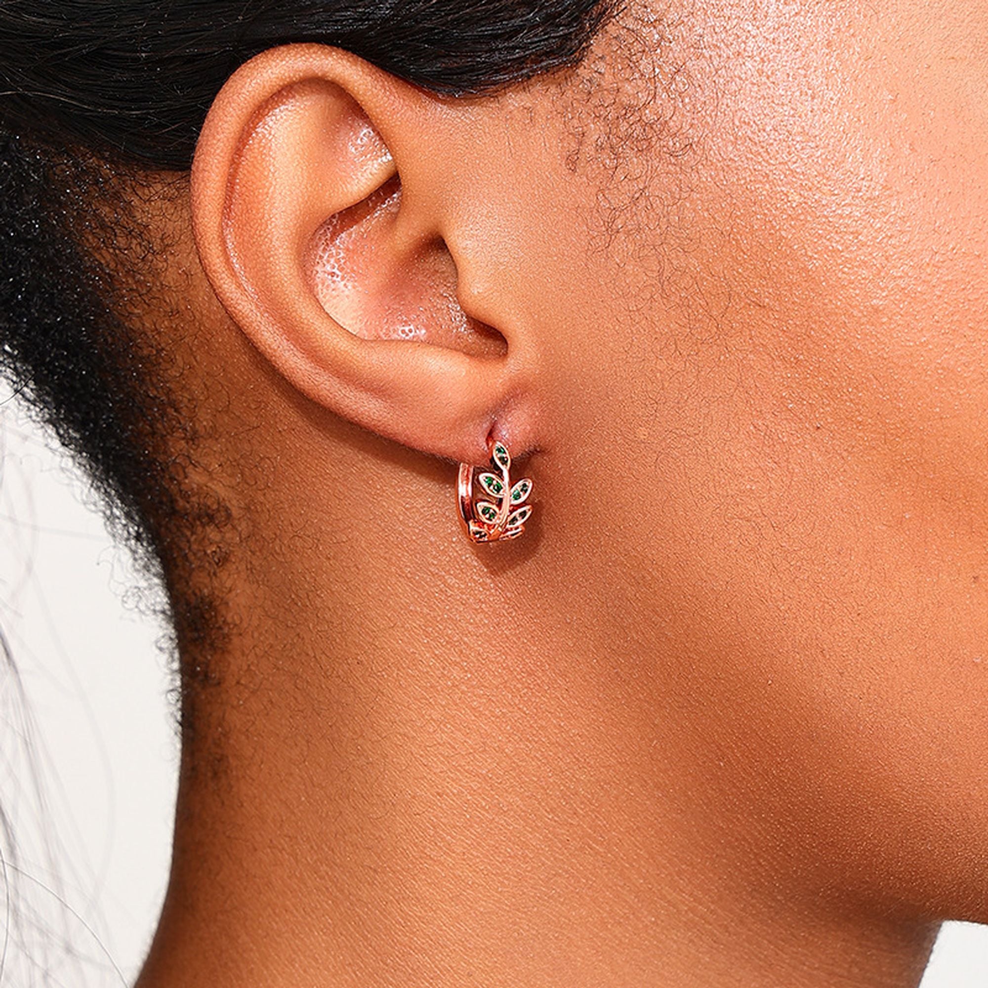 Women's Leaf - Shaped Hoop Earrings with Green Crystals