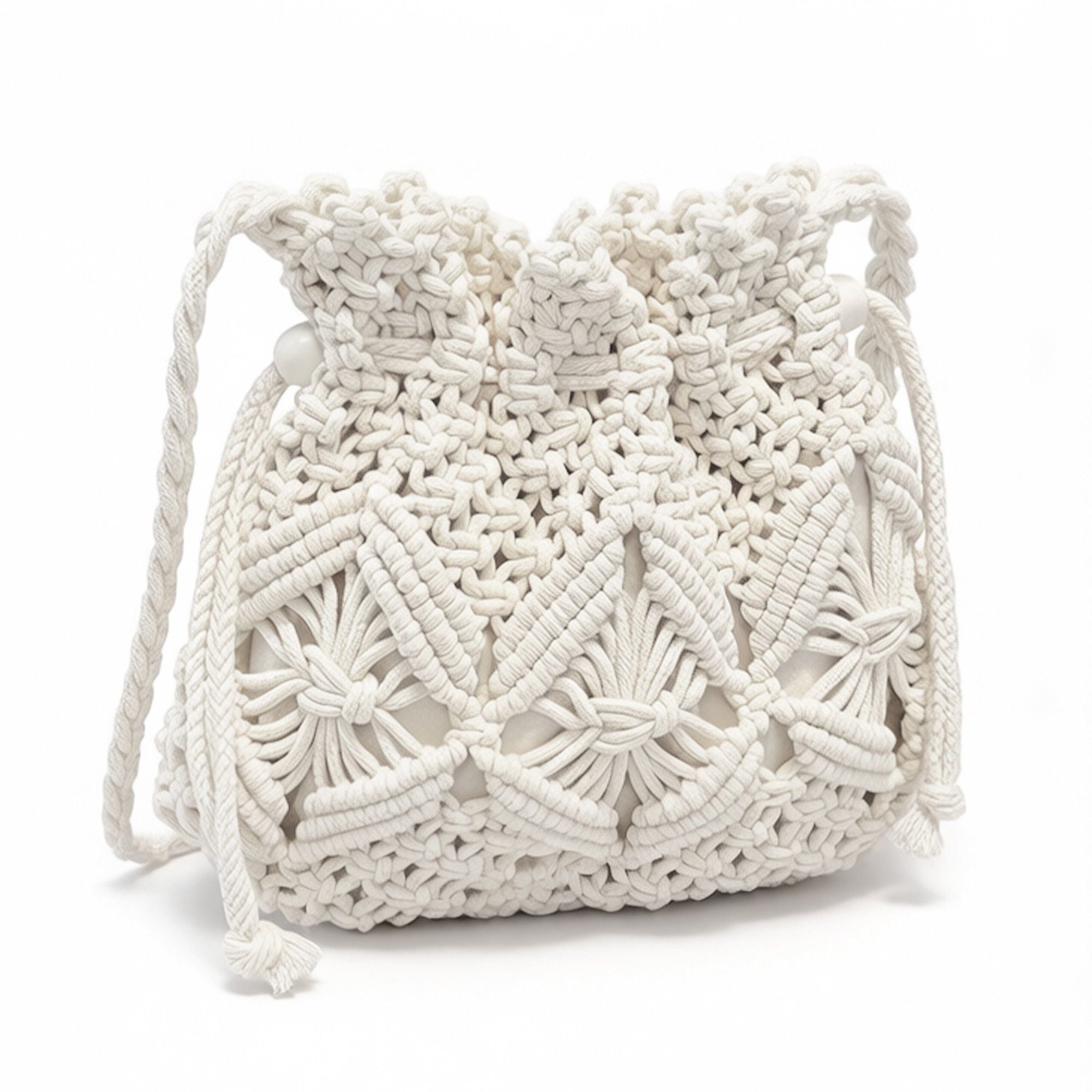 Macrame Bucket Bag Knotted Rope Handbag Drawstring Shoulder Bag Textured Woven Crossbody Style Lightweight Boho Purse