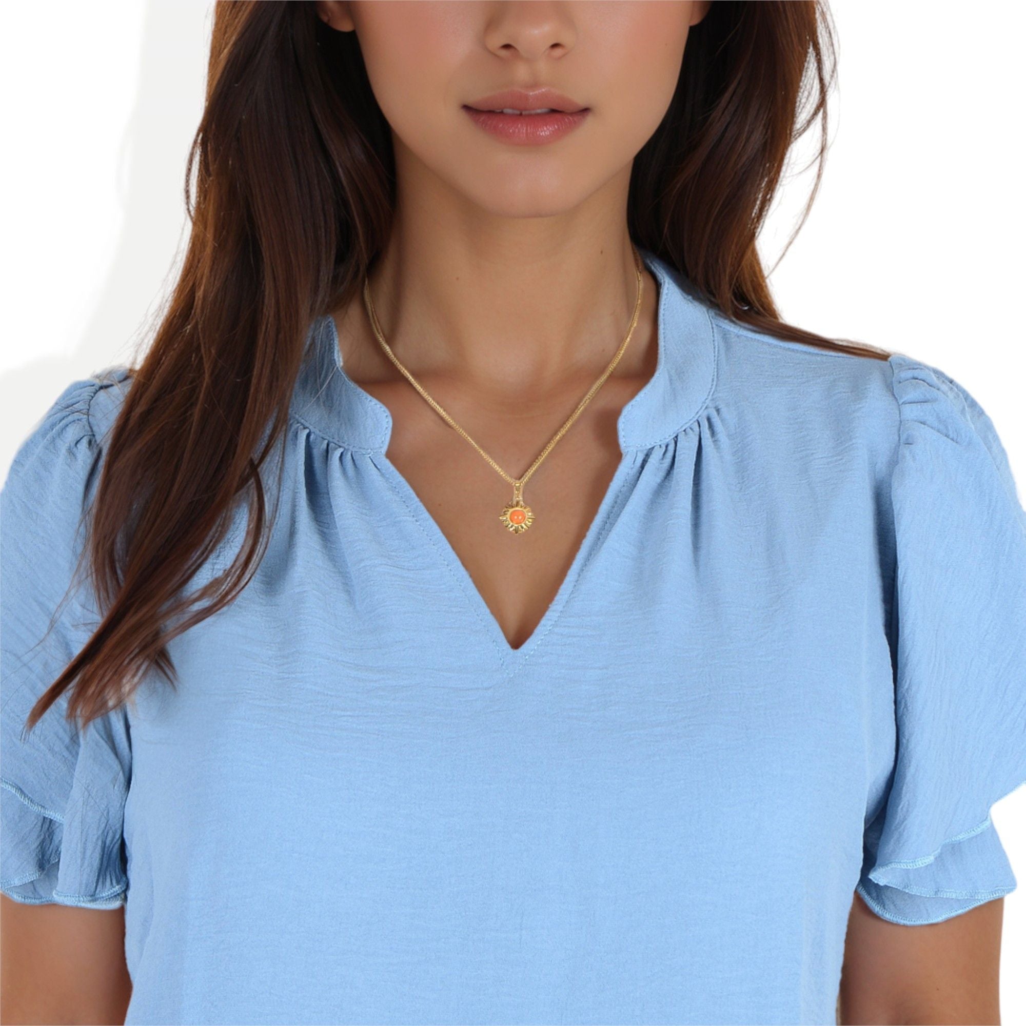 Women's Stainless Steel Fashion Necklace with 18K Gold Plated Sun Pendant, Orange Acrylic Stone, Adjustable Chain, Unique Design