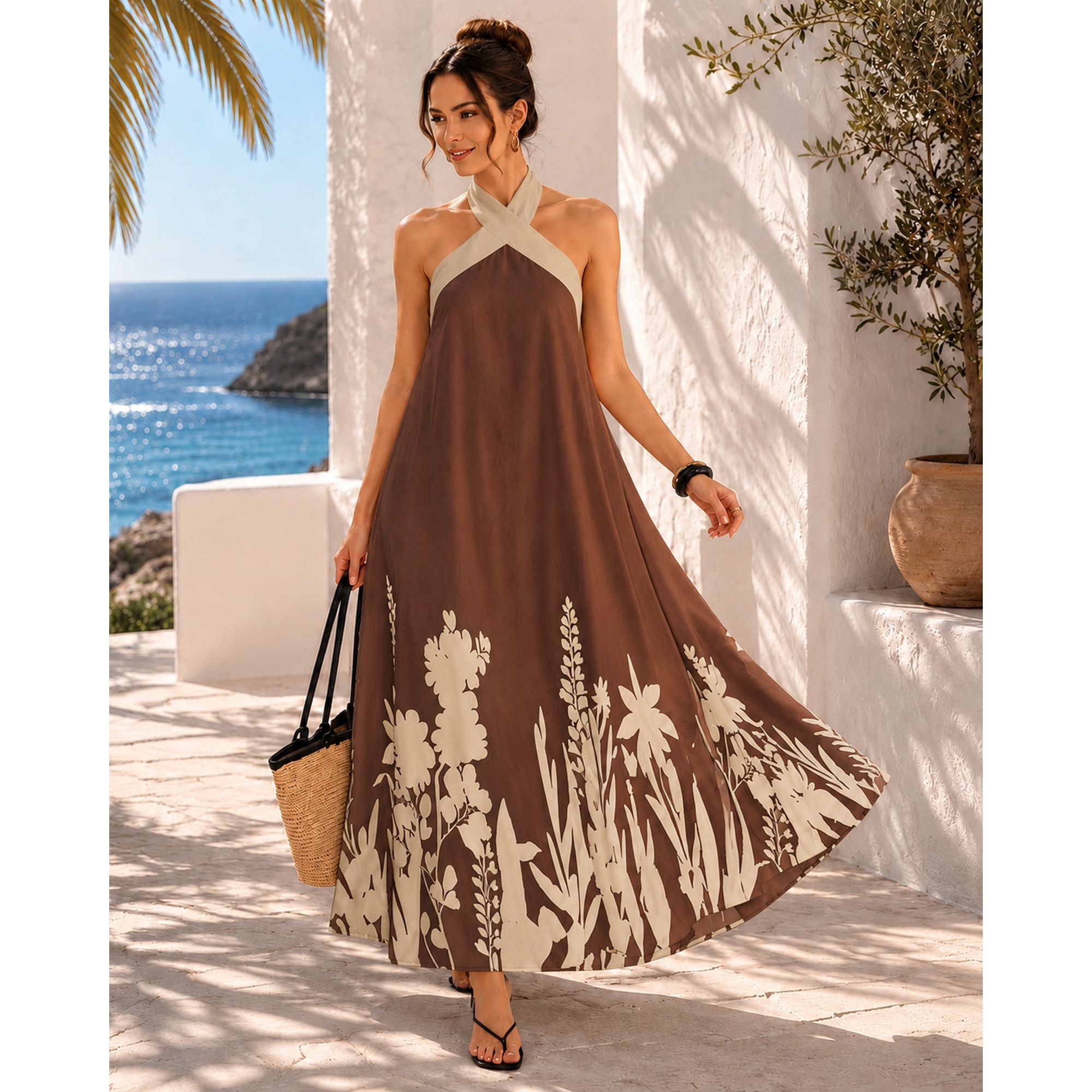 Halter Neck Maxi Dress with Crisscross Straps Open Back Tie Waist Botanical Border Print and A Line Skirt