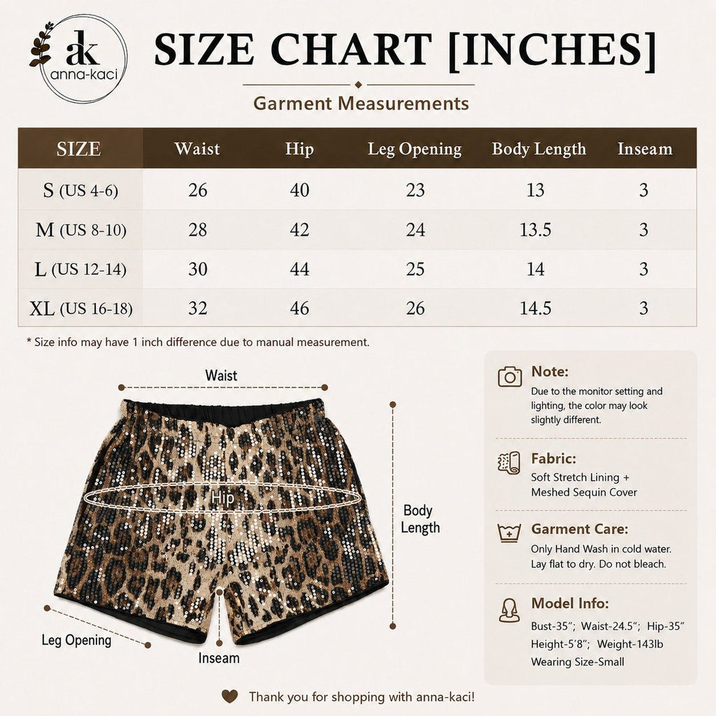 Leopard Print Sequin Party Shorts with Elastic Waist Lining and Side Pockets