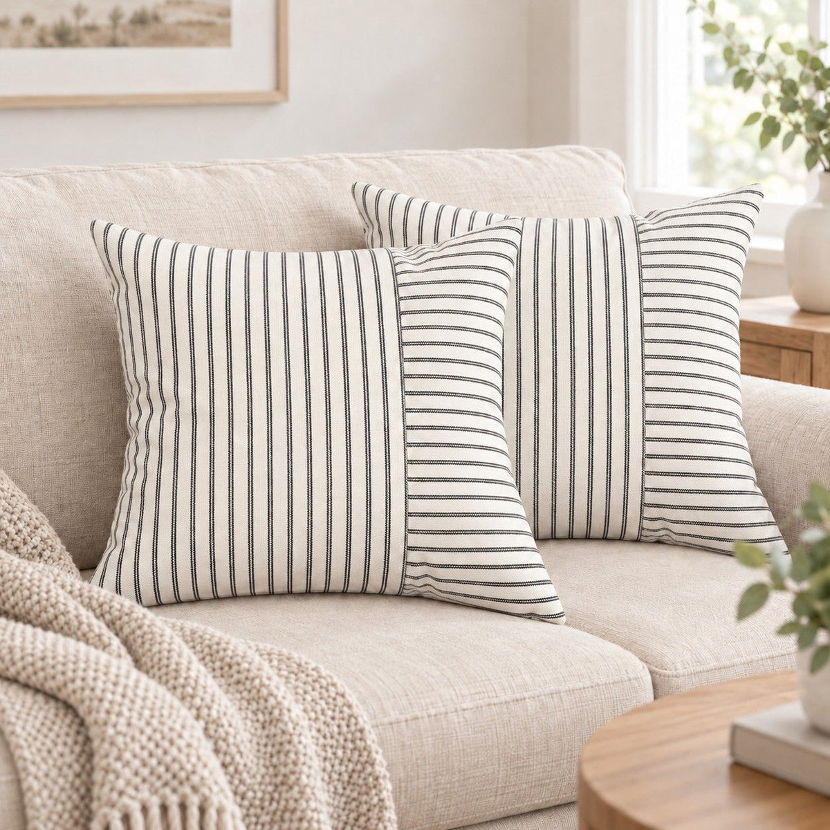 2 Pack Striped Textured Throw Pillow Covers 18 x 18 Inch for Couch Sofa and Bed