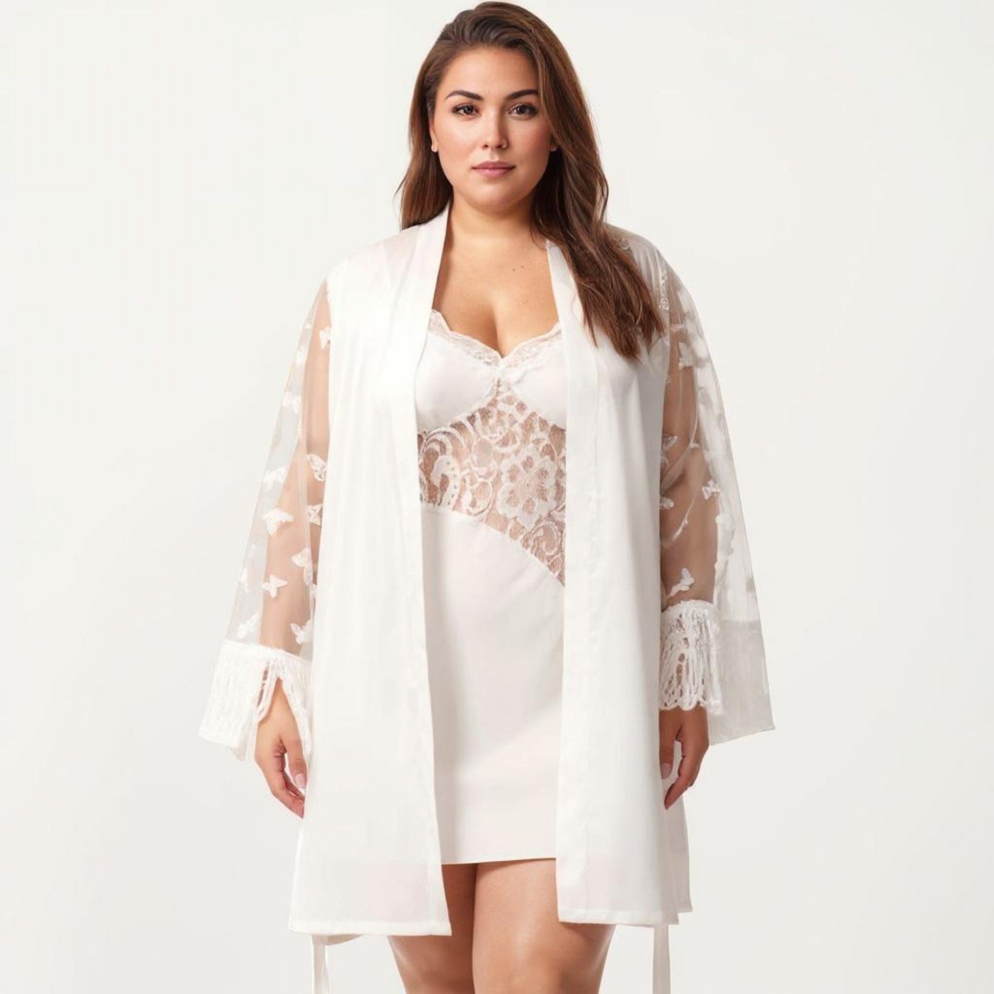 Anna-Kaci Lounge Women's Plus Size Sheer Mesh Lace Trim Robe Lightweight Long Sleeve Sleepwear