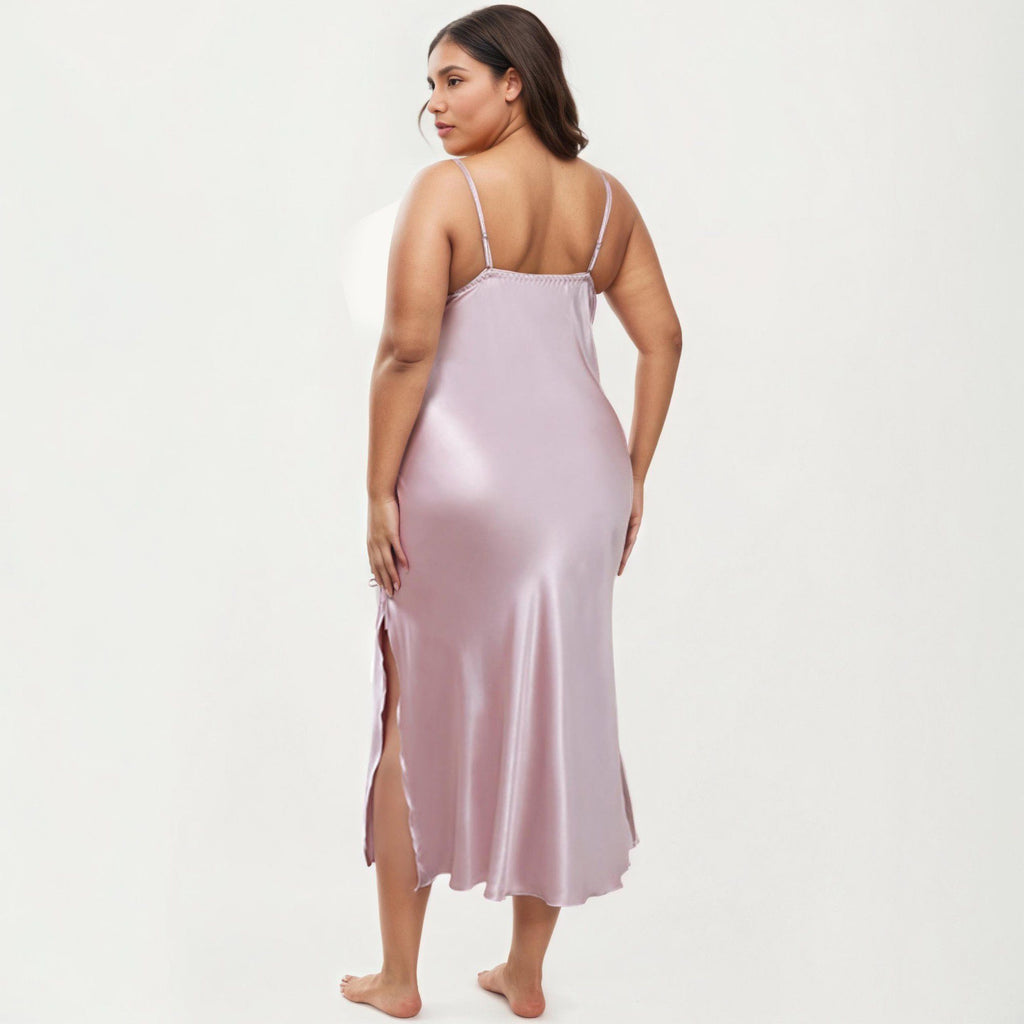 Anna-Kaci Lounge Women's Plus Size Satin Chemise Nightgown with Lace Trim Neckline Adjustable Straps Side Slit Slip Dress