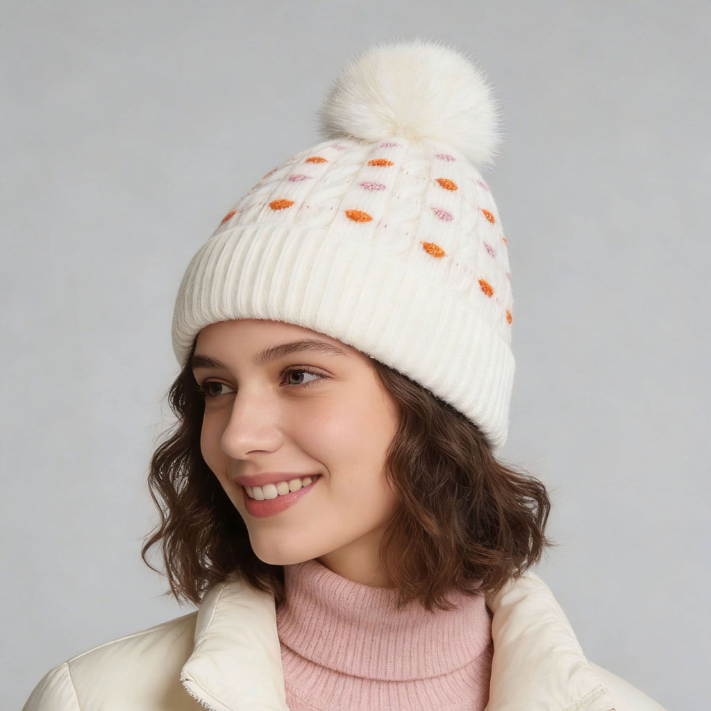 Anna-Kaci Women's Knit Beanie with Large Faux Fur Pom-Pom - Winter Hat with Embroidered Accents