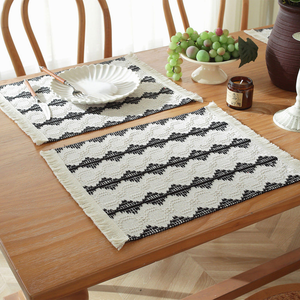 4 Set Woven Rectangular Placemats with Black Geometric Pattern and Fringe Edges 13x19.5 in