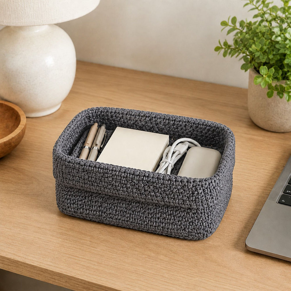 Rectangular Woven Storage Basket Foldover Rim Desktop Organizer Bin