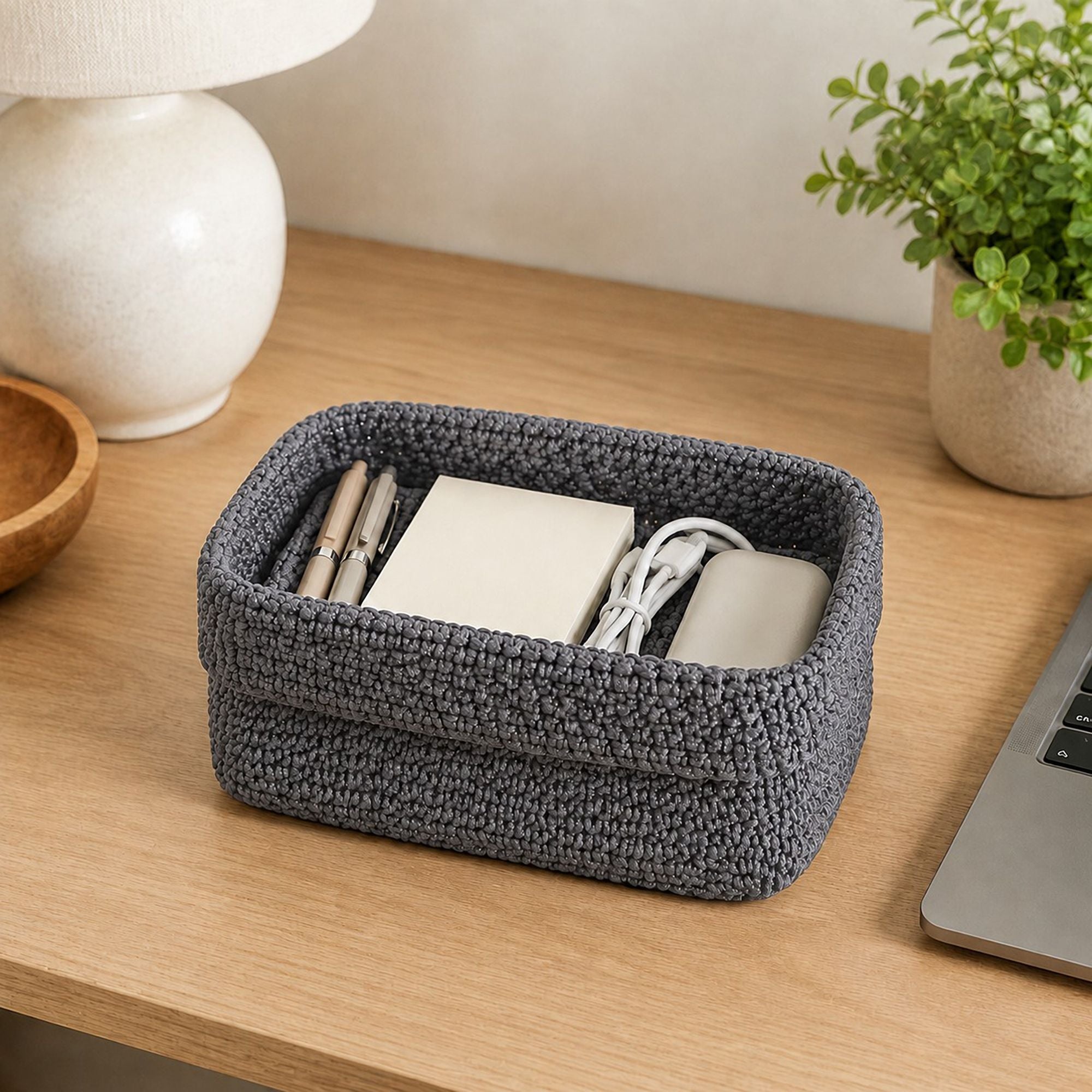 Rectangular Woven Storage Basket Foldover Rim Desktop Organizer Bin