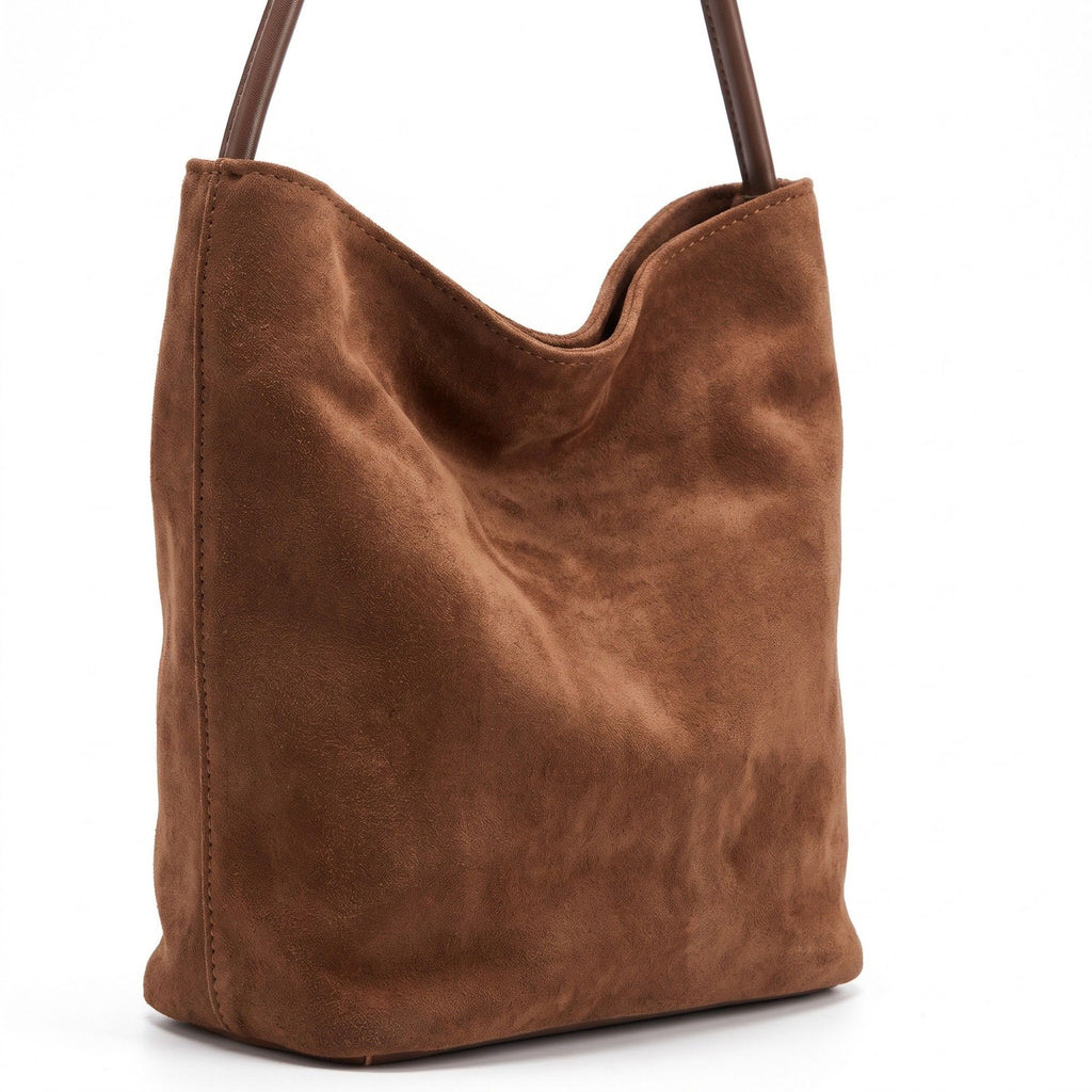 Suede-Look Bucket Shoulder Bag with Long Strap and Soft Structured Shape 9x7.5x6.5in